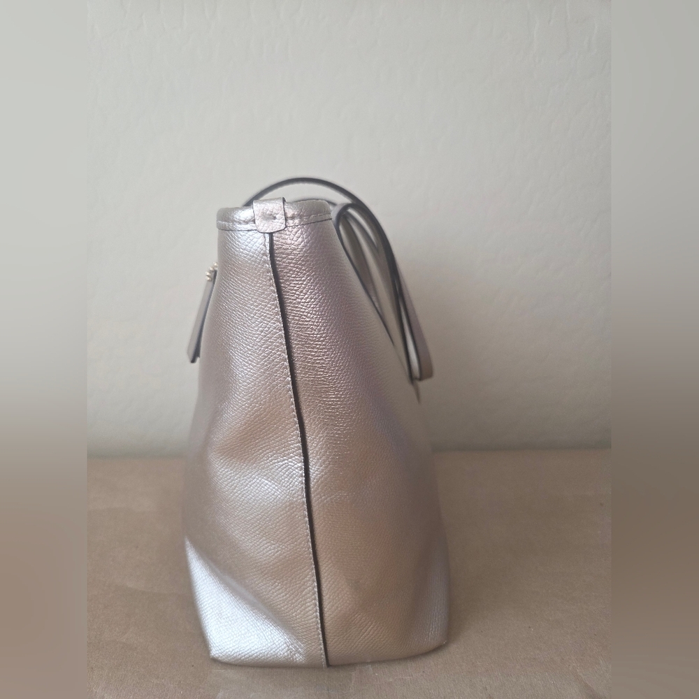 COACH Metallic Pebbled Leather Zip Top Tote Bag - Gold/Platinum - Picture 5 of 11
